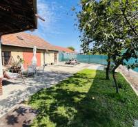 Vám ponuka na predaj útulný 3-izbový rodinný d - Exteriér rodinného domu vo Veľkom Mederi s trávnikom, stromami a terasou.