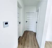 Vám ponúka na predaj moderný 4-izbový bungalov - Interiér rodinného domu s podlahou s dreveným dekorom a bielymi dverami.