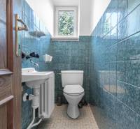 I Na predaj dvojposchodový 5i rodinný dom pri Žiline - Toaleta s umývadlom v rodinnom dome, obložená modrými dlaždicami.