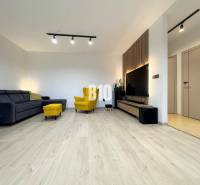 Veľkometrážny 3 izbový byt s garážou - Obývačka v 3-izbovom byte s podlahou s dreveným dekorom, žlté kreslo, rohová sedačka.