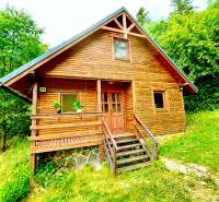 Rekreačná chata – Banská Štiavnica, časť Štefultov - Drevený rodinný dom v Štefultove, obklopený zeleňou, jednoduchý vidiecky dizajn.