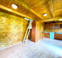 Rekreačná chata – Banská Štiavnica, časť Štefultov - Interiér rodinného domu s dreveným obkladom, kuchynskou linkou a rebríkom na poschodie.