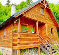 Rekreačná chata – Banská Štiavnica, časť Štefultov - Drevený rodinný dom v Štefultove s kamenným základom, obklopený zeleňou.