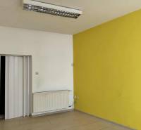 PRENÁJOM obchodný priestor/kancelária v priamom centre - KOMÁRNO - Interiér obchodných priestorov s podlahou s dreveným dekorom a žltou stenou.