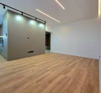 REZERVOVANÝ - Moderný 3-izbový byt po rekonštrukcii na Terase, Košice - Izba s podlahou s dreveným dekorom, osvetlenie a kuchynská časť v 3-izbovom byte.