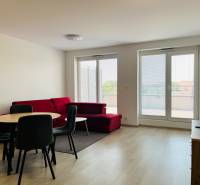 Prenájom, 3 izb.byt s terasou pri mestskom parku s park. miestom - Obývacia izba v 3-izbovom byte s podlahou s dreveným dekorom a červenou sedačkou.