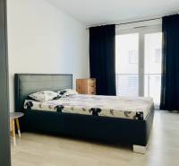 Prenájom, 3 izb.byt s terasou pri mestskom parku s park. miestom - Spálňa v 3-izbovom byte s posteľou, nočnými stolíkmi a podlahou s dreveným dekorom.