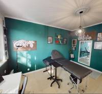 3 izbový byt s dvoma pivnicami Topoľčany - Izba v 3-izbovom byte s tyrkysovou stenou, kreslom a dekoráciami.