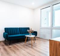 Útulný 2-izbový byt na prenájom - Obývačka v 2-izbovom byte so sedačkou, podlahou s dreveným dekorom a konferenčným stolíkom.