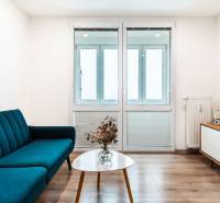 Útulný 2-izbový byt na prenájom - Obývacia izba v 2-izbovom byte so sedačkou, televízorom a podlahou s dreveným dekorom.