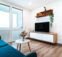 Útulný 2-izbový byt na prenájom - Obývacia izba v 2-izbovom byte so sedačkou, televízorom a podlahou s dreveným dekorom.