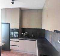 Na prenájom 2iz. byt s predzáhradkou  - Kuchyňa v 2-izbovom byte s tmavou pracovnou doskou a podlahou s dreveným dekorom.