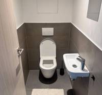 Na prenájom 2iz. byt s predzáhradkou  - Kúpeľňa v 2-izbovom byte s WC, umývadlom a obkladom tmavej farby.