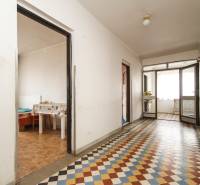 Dom s veľkým pozemkom 3099m2, Melčice-Lieskové - Chodba s farebnou dlažbou, vstupy do izieb, slnečné svetlo, kvety, rodinný dom.