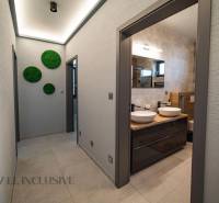 ALL INCLUSIVE I NOVOSTAVBA 4- IZBOVÝ RD SMART HOME - MOSTOVÁ (GA) - Chodba rodinného domu s kúpeľňou, obklady, umývadlá, zrkadlo a umelé dekorácie na stene.