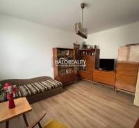 Predaj, trojizbový byt Spišské Vlachy - Obývačka v 3-izbovom byte s podlahou s dreveným dekorom, drevený nábytok, pohovka.