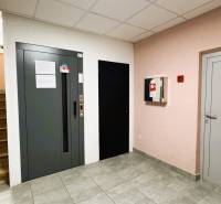 Výborná poloha, skvelá dispozícia – 3-izbový byt v Trebišove - Chodba so schodmi, výťahom, dlažbou a hasiacim prístrojom v 3-izbovom byte.