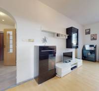 3-izb.byt s balkónom | Štrkovec-Ružinov - Obývacia izba v 3-izbovom byte s podlahou s dreveným dekorom, svetlá nábytková zostava.