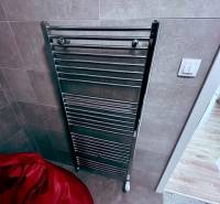 Prenájom kancelárskych priestorov, ul. Gen. M. R. Štefánika, Trenčín - Kúpeľňa so sušiakom na uteráky v kanceláriách, podlaha s dreveným dekorom.