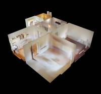 Veľký priestranný pozemok o rozlohe 7445 m2, Jelka  - 3D model interiéru rodinného domu s rozložením izieb a nábytku.