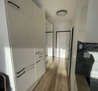 MODERNÝ, KOMPLETNE ZARIADENÝ 1-IZBOVÝ BYT V PROJEKTE SLNEČNICE - Chodba v 1-izbovom byte s bielymi skriňami a podlahou s dreveným dekorom.