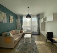 MODERNÝ, KOMPLETNE ZARIADENÝ 1-IZBOVÝ BYT V PROJEKTE SLNEČNICE - Obývačka 1-izbového bytu s pohovkou, dekoráciou jeleňa a podlahou s dreveným dekorom.