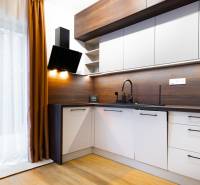 NOVOSTAVBA | 2i Mezonet + 1i štúdio s terasou a parkingom v CENTRE PO - Kuchyňa v 1-izbovom byte s podlahou s dreveným dekorom, so závesom a modernými spotrebičmi.