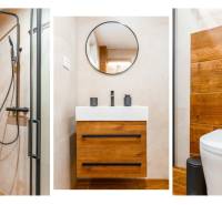 NOVOSTAVBA | 2i Mezonet + 1i štúdio s terasou a parkingom v CENTRE PO - Moderná kúpeľňa s podlahou s dreveným dekorom v 1-izbovom byte.