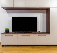 NOVOSTAVBA | 2i Mezonet + 1i štúdio s terasou a parkingom v CENTRE PO - Obývacia stena v 1-izbovom byte, podlaha s dreveným dekorom, televízor a dekorácie.