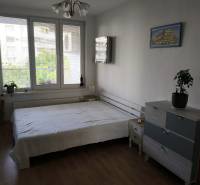 Na dlhodobý prenájom 2-izbový byt - kompletne zariadený, klimatizovaný - Spálňa v 2-izbovom byte s podlahou s dreveným dekorom a veľkými oknami.