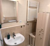 Na dlhodobý prenájom 2-izbový byt - kompletne zariadený, klimatizovaný - Kúpeľňa v 2-izbovom byte s umývadlom, skrinkou a radiátorom na osušenie uterákov.