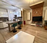 Dvojizbový byt, Považská Bystrica - Stred - Obývačka s kuchyňou, barovým pultom a podlahou s dreveným dekorom v 2-izbovom byte.