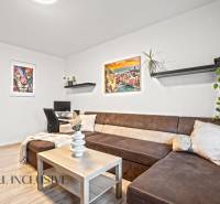 NA PREDAJ 3-IZBOVÝ BYT S PIVNICOU, SENEC - Obývacia izba s hnedou sedačkou, pracovným stolom a podlahou s dreveným dekorom.