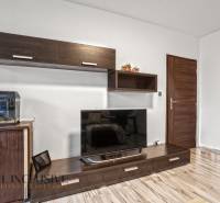 NA PREDAJ 3-IZBOVÝ BYT S PIVNICOU, SENEC - Obývacia izba v 3-izbovom byte s podlahou s dreveným dekorom a veľkou televíziou.