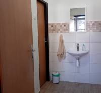 Na prenájom priestor- kancelária 60 m2 Trnava - Františkánska - Kancelárie s umývadlom, zrkadlom a podlahou s dreveným dekorom.