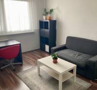 NA PRENÁJOM ÚTULNÝ 1-IZBOVÝ BYT, ČIASTOČNÁ REK., KAROLA ADLERA, BA - 1-izbový byt s pohovkou, stolom, červenou stoličkou, poličkou a podlahou s dreveným dekorom.