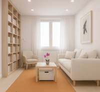 Predaj 4 izbový byt v Starej Sásovej - Štýlová obývačka s policami a podlahou s dreveným dekorom v 4-izbovom byte.