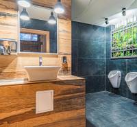 Predaj Exkluzívna ponuka elegantného penziónu s hostincom - Kúpeľňa s umývadlom, tmavou dlažbou, vertikálnou záhradou a podlahou s dreveným dekorom. Hotely a penzióny.