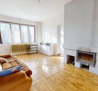 NA PREDAJ 5 IZBOVÝ POSCHODOVÝ DOM V CENTRE OBCE, IŽA, OKRES KOMÁRNO - Obývací priestor so sedačkou, krbom a podlahou s dreveným dekorom v rodinnom dome.