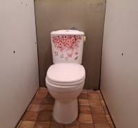 REZERVOVANÉ 2-izbový byt s nádherným výhľadom v pôvodnom stave   - Toaleta so vzorom kvetov a podlahou s dreveným dekorom v 2-izbovom byte.