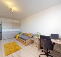 ZREKONŠTRUOVANÝ 3-IZBOVÝ BYT (74 m2) S BALKÓNOM, PIVNICOU, 2 x WC - Izba v 3-izbovom byte s podlahou s dreveným dekorom, posteľou a pracovným stolom.