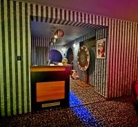 Na predaj unikátna dvojpodlažná budova na podnikanie aj bývanie - Interiér budovy s čierno-bielymi pruhovanými tapetami a vzorovaným kobercom.