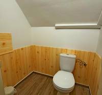 Na predaj unikátna dvojpodlažná budova na podnikanie aj bývanie - Kúpeľňa s dreveným obkladom, sanitou a podlahou s dreveným dekorom, zrkadlo na stene.