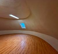 Na predaj unikátna dvojpodlažná budova na podnikanie aj bývanie - Podkrovie s podlahou s dreveným dekorom a strešným oknom v budove.