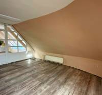 Na predaj unikátna dvojpodlažná budova na podnikanie aj bývanie - Interiér budovy s podlahou s dreveným dekorom a šikmou svetlohnedou stenou.