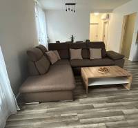 Praktický 3-izbový byt v súkromnej ulici v Šamoríne - Pohodlná obývačka s hnedou sedačkou a stolíkom, podlaha s dreveným dekorom.