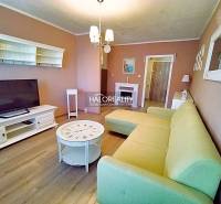 Predaj, dvojizbový byt Košice Západ - Terasa, Luník ... - Obývacia izba v 2-izbovom byte so svetlým gaučom a podlahou s dreveným dekorom.