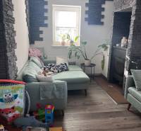 Na predaj moderný 4-izbový byt s veľkou terasou a súkromnou záhradou - Obývačka so zelenou sedačkou, hračkami, rastlinami a stenami s kamenným obkladom v 4-izbovom byte.