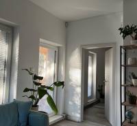 Na predaj moderný 4-izbový byt s veľkou terasou a súkromnou záhradou - Svetlá obývacia izba s rastlinami, sedačkou a podlahou s dreveným dekorom v 4-izbovom byte.