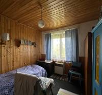 RODINNÝ DOM - CHALUPA, KALŠA - Izba v rodinnom dome s drevom obloženými stenami, modrou skriňou a posteľou.